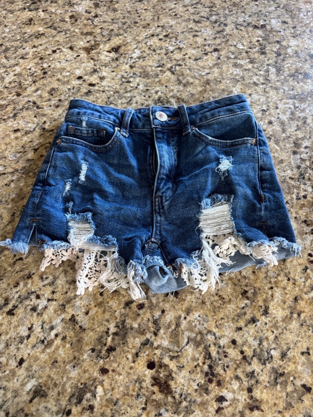 SO Distressed Dark Blue Denim Jean Shorts with Crochet Trim